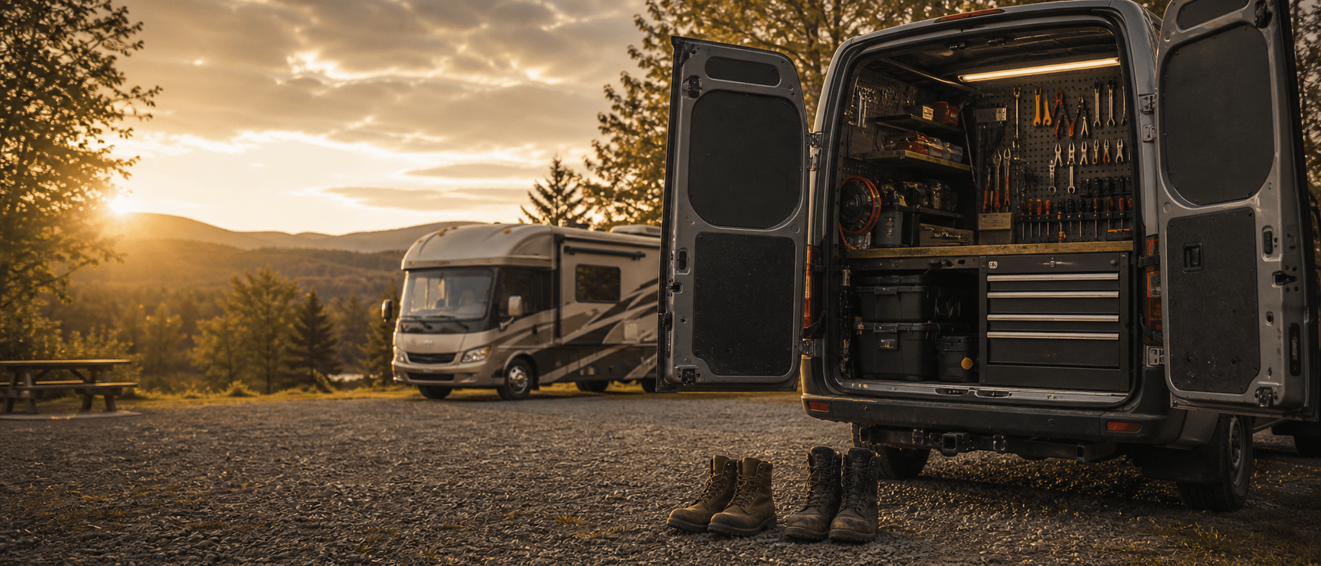 Camionnette de service mobile Wander avec outils organisés près d'un motorisé