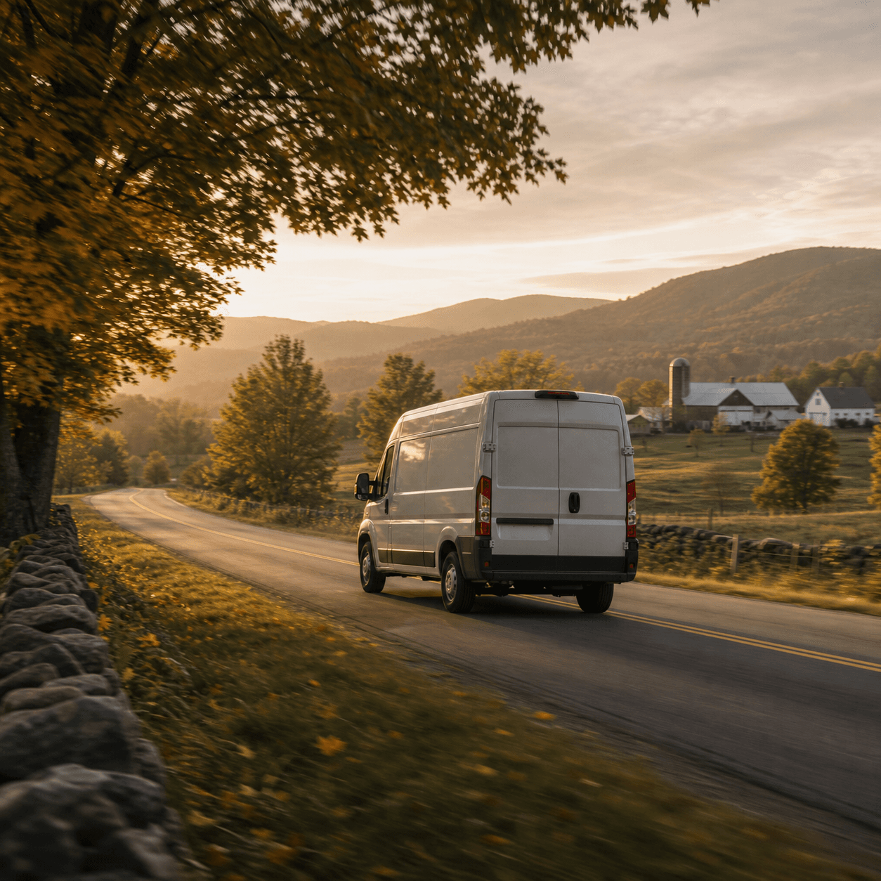 Camionnette de service mobile sur une route de campagne au Québec