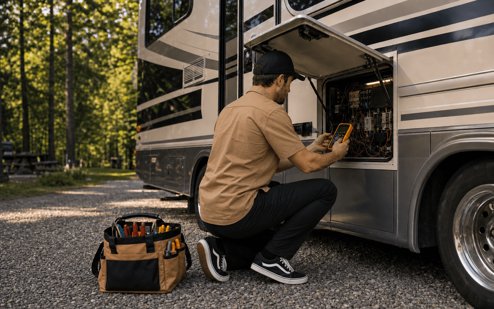 Technicien mobile qui diagnostique un système électrique de VR